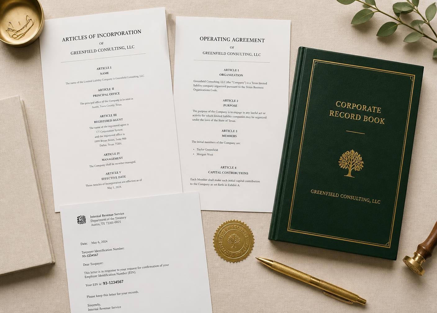 Business formation documents including articles of incorporation and operating agreement